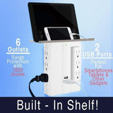 ElectroWorx Wall Mounted Multi-Plug - 6 AC Outlets, 2 USB Port, Surge Protection, Charging Shelf!