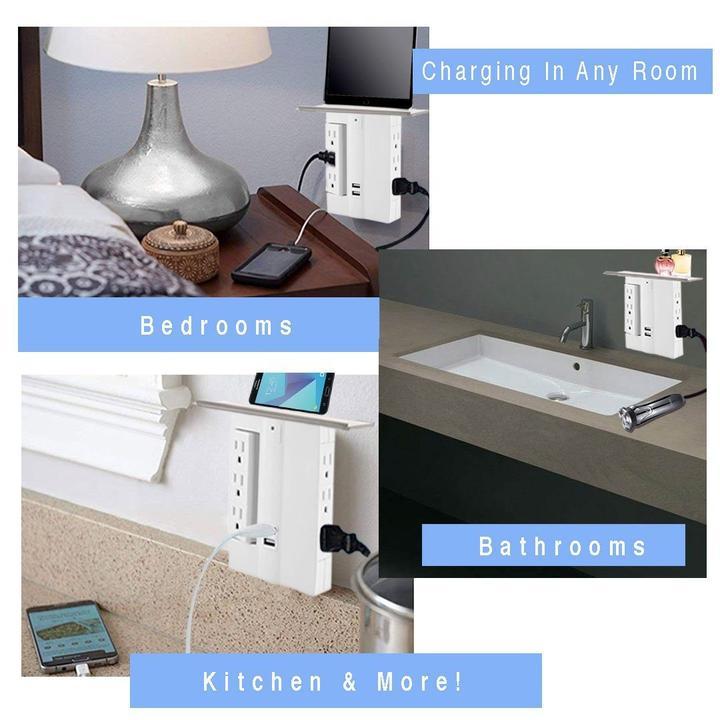 ElectroWorx Wall Mounted Multi-Plug - 6 AC Outlets, 2 USB Port, Surge Protection, Charging Shelf!
