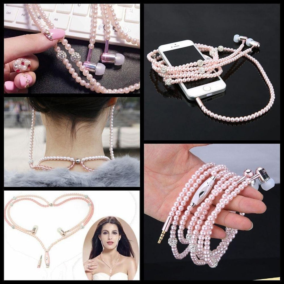 PEARL NECKLACE EARPHONES 3.5MM HEADSET ( ANDROID & IPHONE )